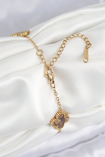 Toptan Bulurum 316L Steel Pearlescent Brown Gold Color Clover Women's Bracelet