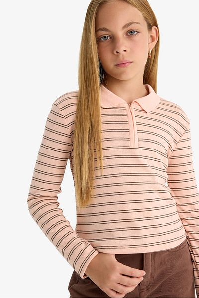 DeFacto Girls Slim Fit Slim Fit Polo Neck Striped Rib Long Sleeve Polo T-Shirt F7131A825Au