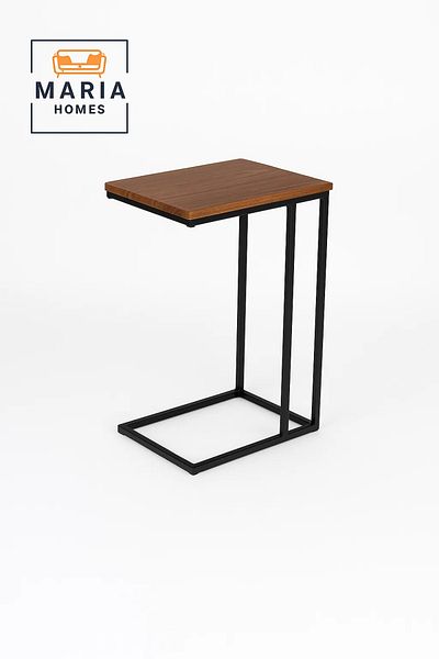 MARIA HOMES C-Shaped Sofa Side Table with Wood Top and Black Frame