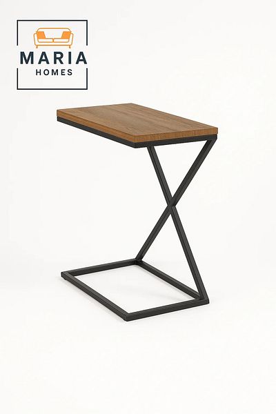 MARIA HOMES Z-Shaped C-Side Table with Wood Top and Black Metal Base