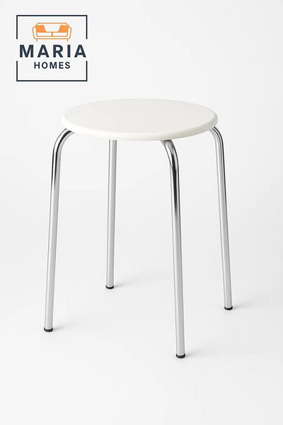 MARIA HOMES Round White Stool with Chrome Legs – Compact and Lightweight-size 72 *121CM