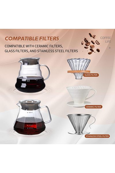 COOYA Pour Over Glass Range Coffee Pot,600ml,With Lid Design,Heat-Resistant,for Home,Office Use White