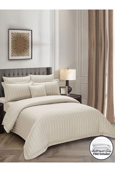Donetella Comforter Set King Size, 8-Pcs, 260x240 cm, Striped Bedding Set, All Season, Microfiber