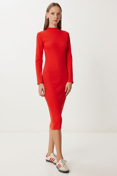 Lovelyİstanbul Basic Stretchy Ribbed Knitted Dress Lub0174 Oranj