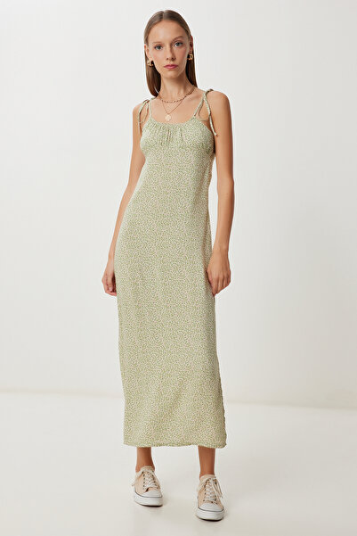 Lovelyİstanbul Καλοκαιρινό φόρεμα βισκόζης με σχέδιο LUB0175 CAGLA GREEN CREAM