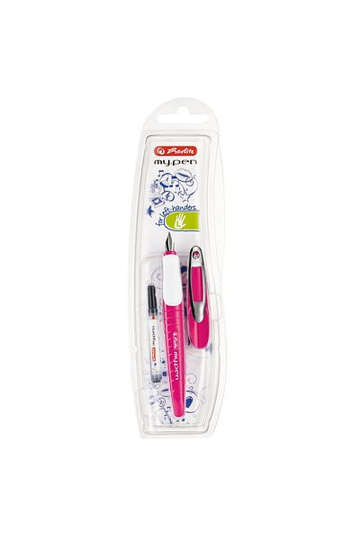 Herlitz Stilou My.pen, peniță mare, pentru stângaci, culoare roz/alb, material plastic/rășină, ambalaj blister