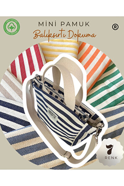 Nuggita Zippered Mini Size Herringbone Striped Woven Handbag / Cross Strap - Beige