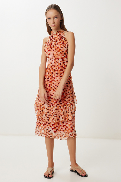 Lovelyİstanbul Καλοκαιρινό φόρεμα σιφόν με μοτίβο LFG0056 ΠΟΡΤΟΚΑΛΙ ΠΛΑΚΑΚΙ