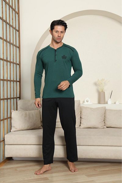 LİLA İÇ GİYİM Set pijamale kaki cu mâneci lungi din bumbac pentru bărbați
