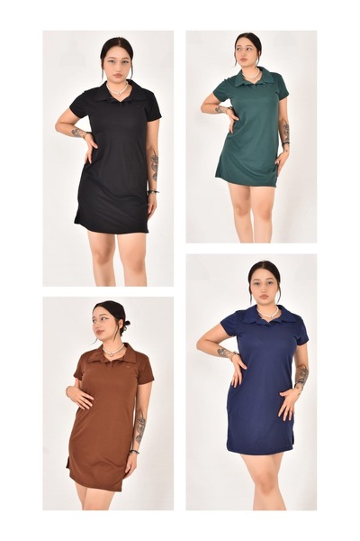 Pollux Fashion Women's Polo Neck Short Sleeve Oversize Fit Short Dress 4 Pack Black-Green-Dark Blue-Brown