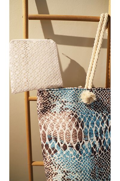 AQUATOLIA Women's Snakeskin Patterned Bag - Colorful - Zippered - 50*35 cm - Beach Bag