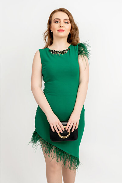 Fofy Rochie de ocazie Agnes, verde cu pene - - M(38)