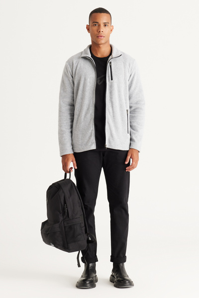 AC&Co / Altınyıldız Classics Men's Gray Melange Standard Fit Stand-Up Bato Collar Pocket Zipper Cold Proof Sweatshirt Fleece Jacket