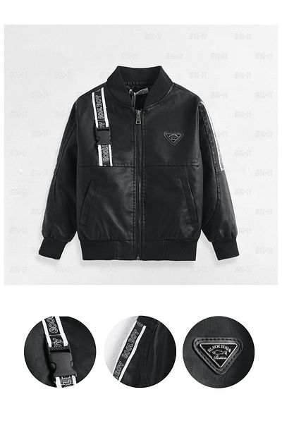 SETTY KOOP Bomber negru din piele ecologică pentru copii – Stil stradal cu curea și etichetă