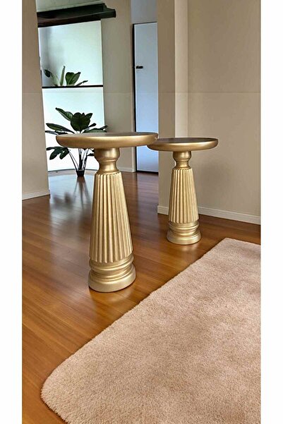 Simillo Home&Living Ahşap Mantar Sehpa 2’li Set – Altın Varak Renk Yan Sehpa ...
