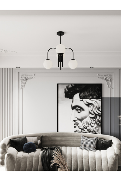 avizade ZYRA Siyah Gövde 4'lü Beyaz Cam Küre Kıvrık Model Avize - Salon Ve Ot...