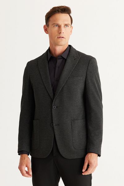 AC&Co / Altınyıldız Classics Men's Black-Anthracite Slim Fit Slim Fit Swallow Collar Patterned Blazer Jacket