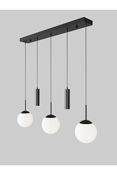avizade NARA Siyah Metal Gövdeli 5'li Modern Sıralı Sarkıt Avize- 2 Spot Led 3 Beyaz Cam Küre Avize