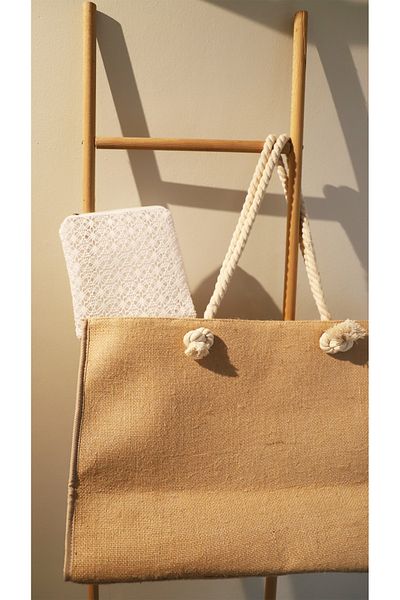 AQUATOLIA Jute Tote Bag - Zippered- 54*34 Cm- Beach Bag - Small Bag