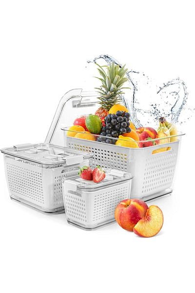ElastiX Recipient cu capac și sită pentru frigider, cutie de depozitare a alimentelor, organizator pentru frigider