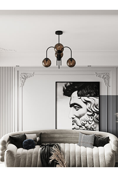 avizade ZYRA Siyah Metal 4'lü Bal Rengi Cam Küre Kıvrık Model Avize - Salon V...