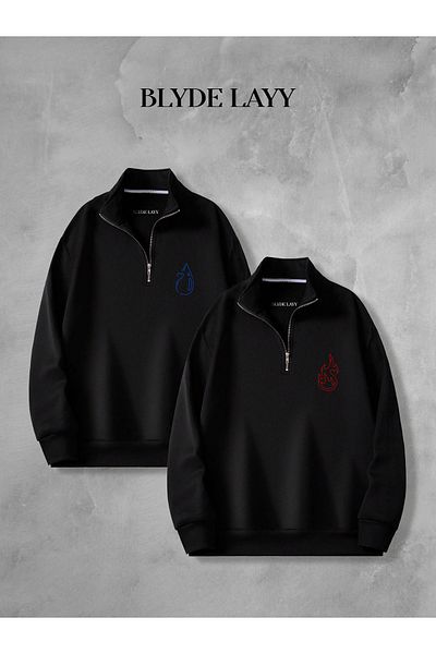 BLYDE LAYY Fire and Water Black 3 Thread Half Zipper Double Sweatshirt Lover Couple Combination