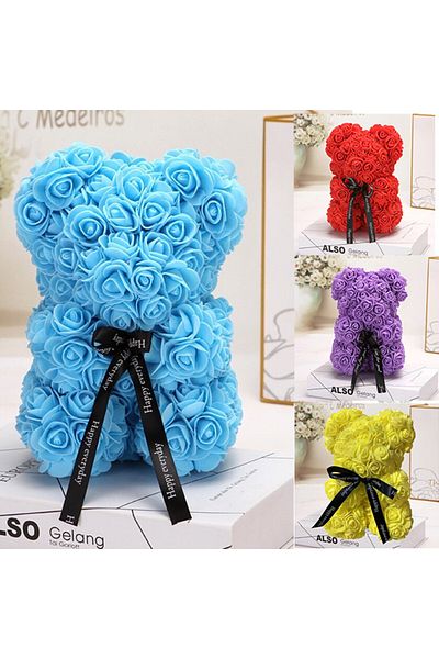 FashionForYou Floral teddy bear 25 cm made of foam roses Rose Bear, gift box, Neon Turquoise