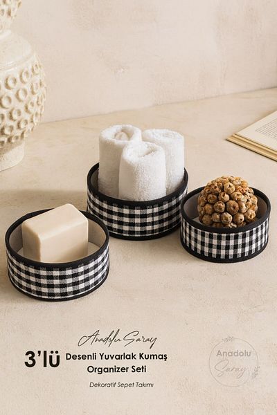 Anadolu Saray 3-Piece Patterned Fabric Organizer Set Soap Dish Towel Holder Decorative Basket Set Bathroom Organizer