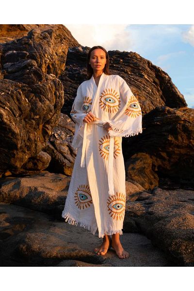 LaraLisa Collection 4 Layers Natural Muslin Cotton Fabric Chemical Treatment Unprocessed Hand Printed Kaftan Kimono Peshtemal Bathrobe