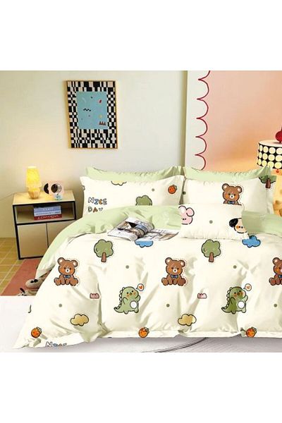 Ralex Lenjerie pat dublu extra large Percalle imprimat Bumbac 100%, 6 piese, Ursuleti Crem / Verde, Pucioa