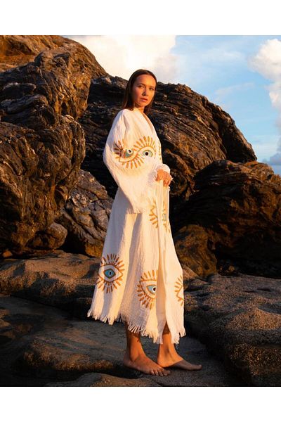 LaraLisa Collection 4 Layers Natural Muslin Cotton Fabric Chemical Treatment Unprocessed Hand Printed Kaftan Kimono Peshtemal Bathrobe