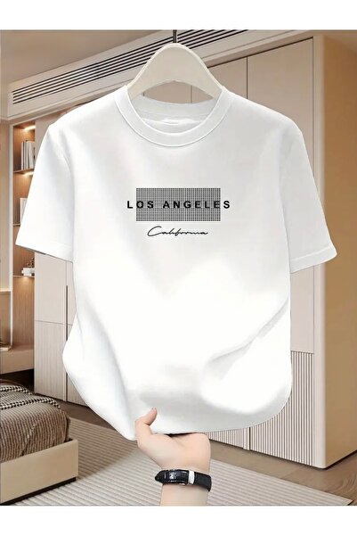 FUFLUNS تي شيرت لوس أنجلوس كاليفورنيا مطبوع برقبة دائرية كبيرة الحجم
