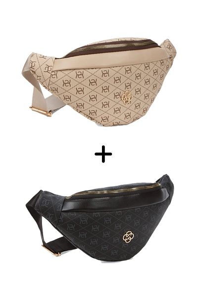 Newish Polo Women's Patterned Cross Shoulder Strap Waist and Shoulder Bag 2 Pieces - Black - Beige New345