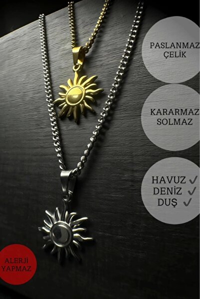 SEVGİLİ TAKI Güneş Charmlı Düz Model Çelik Zincir Çift Kolyesi | Eclipse Serisi