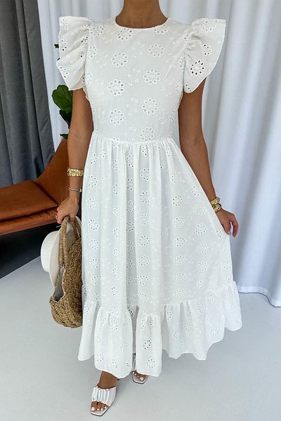 Mine Tan Butik Rochie lungă cu volan pe umeri - albă