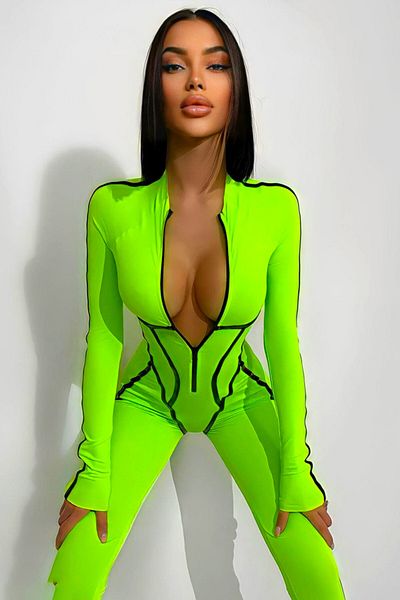 FashionForYou Shebba casual jumpsuit, with -leather details and long sleeves, Neon green, M
