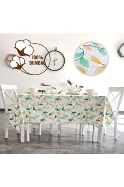 Ralex Anti-stain Tablecloth 100% Cotton Diameter 180 cm, Green Yellow Leaves