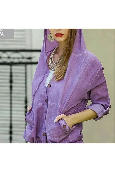 Hazinedan Women's Bohemian Cotton Hooded Foldable Buttoned Purple Shirt Jacket