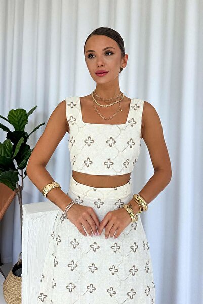 Mine Tan Butik Square Collar Fisto Detailed Blouse Kiloş Skirt Set - White