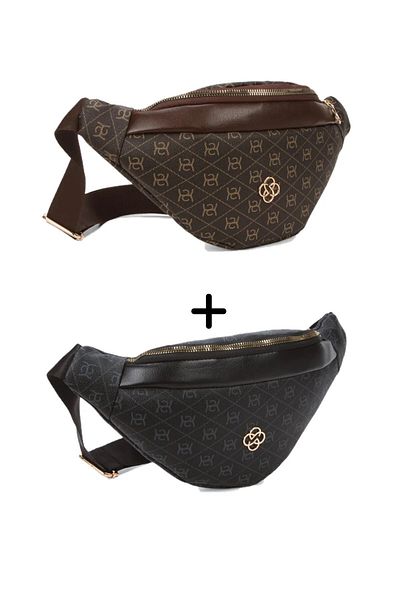 Newish Polo Women's Patterned Cross Shoulder Strap Waist and Shoulder Bag 2 Pieces - Black - Brown -New345