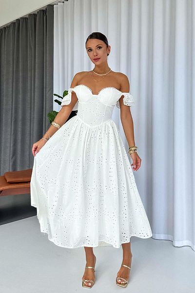 Mine Tan Butik Low Sleeve Brode Embroidered Kiloş Long Women's Dress - White