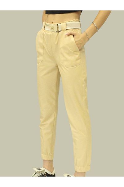 Afri Women's Beige Faux Leather Pants - High Waist, Pockets, Lycra and Leather Look Pants Leggings