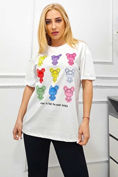 FashionForYou AMOO cotton T-shirt, with multicolor print and handcrafted crystals, Rainbow Bears, WHITE, S/M