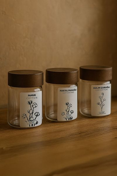 Kitchen Life 3-Piece Acacia Lid Glass Makeup Cotton Swab Cotton Organizer - Storage Box