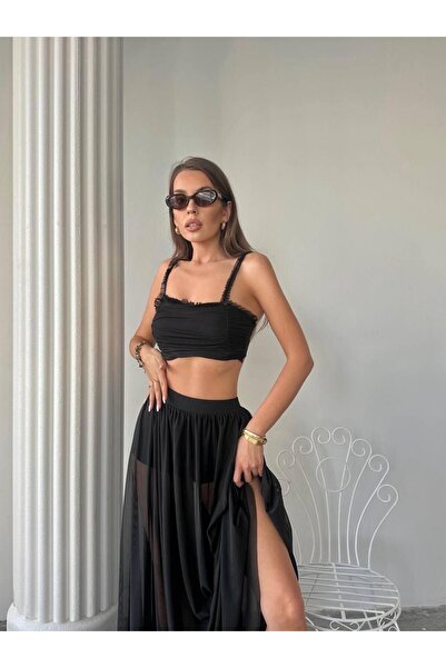 LOVE GO Elegant Gathered Crop and Tulle Maxi Skirt Set