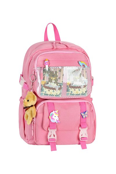 KAFF Pink Korean Style Multi-Pocket Primary School Children's Backpack with Teddy Bear Accessories -25002