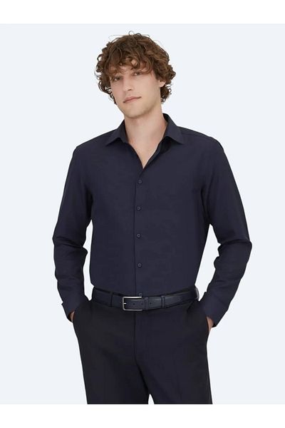 Kip Πουκάμισο Navy Blue Plain Slim Fit Woven Classic Cotton Blend