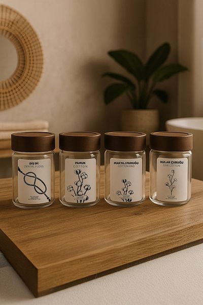 Kitchen Life 4-Piece Acacia Lid Glass Dental Floss Makeup Cotton Ear Swab Cotton Organizer - Storage Box