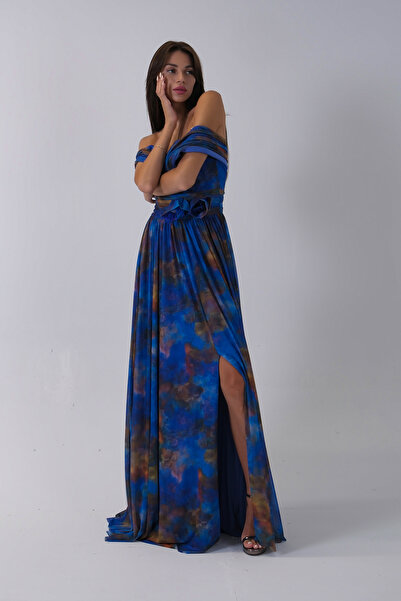 Feminist Beli Çiçek Detaylı Desenli Şifon Abiye Saks 0801102