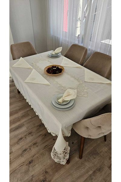 ZESA HOME Luxury Gardenia Linen 8 Seater 18 Piece Heavy Lace Stain Resistant Tablecloths -160X200...160X300